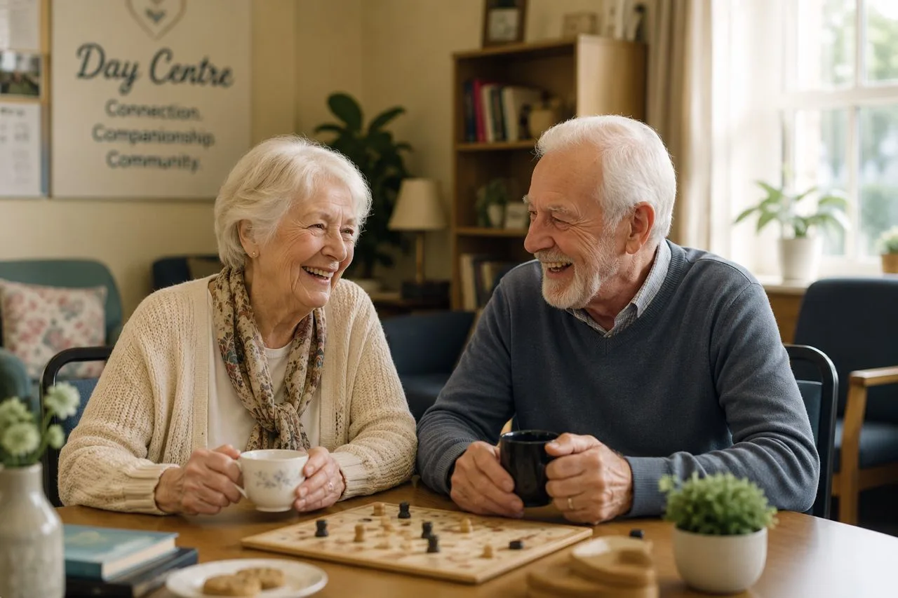 A care worker laughing with an older adult on a sofa